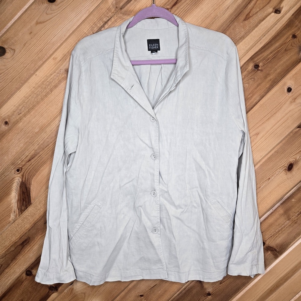 Eileen Fisher Linen Blend Lightweight‎ Blazer Jacket Size XL High Collar Button
